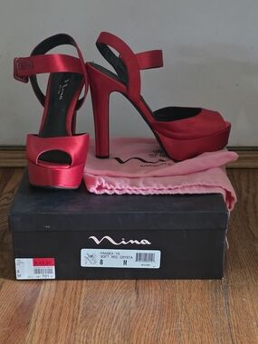 Nina Red Satin Platform Peep-Toe Heels with Ankle Strap